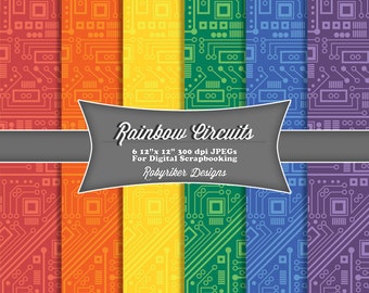 INSTANT DOWNLOAD: Rainbow Circuit Board Robot Digital Scrapbook Paper 6 Pack