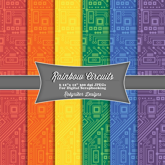 INSTANT DOWNLOAD: Rainbow Circuit Board Robot Digital Scrapbook Paper 6 Pack
