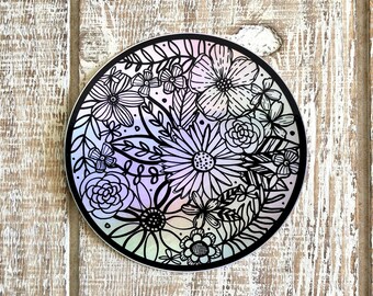 Holographic Flower Floral Hand Drawn Ink Boho Bohemian Water Bottle Laptop Vinyl Sticker | Gifts Under 5 Dollars