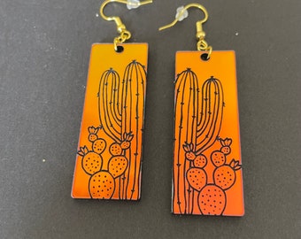 Boho Dangle Earrings, Saguaro Southwest Cactus Statement Earrings, Etched Acrylic, Iridescent Acrylic Jewelry, Lightweight Earrings