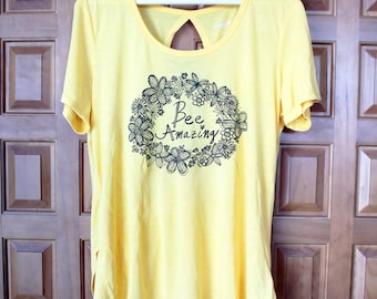 Bee Amazing Inspirational Typography Hand Lettered Cute Floral Yellow Screenprinted Athletic Women's Jersey Shirt | Gifts Under 25 Dollars