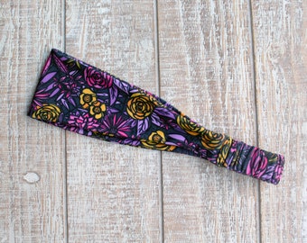 Magenta Orange Purple Rose Floral Flower Boho Bridesmaid Gift Yoga Active Knit Fabric Headband for Adult Women | Gifts Under 15 Dollars