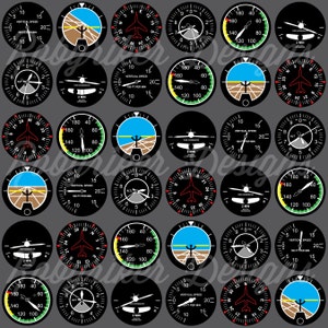 May include: A set of 16 black and white airplane instrument gauges with various readings. The gauges are circular and have a white background with black markings. The gauges include an altimeter, vertical speed indicator, heading indicator, and airspeed indicator.