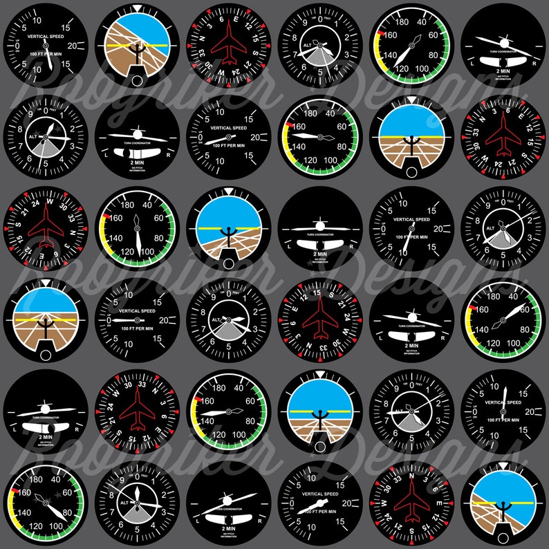 May include: A set of 16 black and white airplane instrument gauges with various readings. The gauges are circular and have a white background with black markings. The gauges include an altimeter, vertical speed indicator, heading indicator, and airspeed indicator.