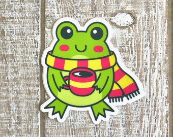 Hoppy Frog Coffee Tea Fall Autumn Winter Kawaii Amphibian Animal Creature Cute Vinyl Waterbottle Sticker | Gifts Under 5 Dollars