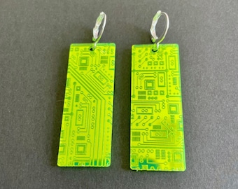 Lime Nerd Geek Engineer Circuit Board Computer STEM Statement Earrings, Etched Mirror Acrylic Jewelry, Lightweight Earrings | Gifts Under 20