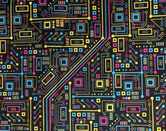 Robot Circuit Board Magenta Yellow Blue Black CYMK Nerd Geek Science Computer Programmer Fat Quarter Fabric