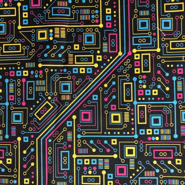 Robot Circuit Board Magenta Yellow Blue Black CYMK Nerd Geek Science Computer Programmer Fat Quarter Fabric