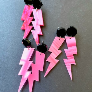Lightening Bolt Retro 80s 90s Pink Barbiecore Halloween Costume Acrylic Jewelry, Lightweight Earrings | Gifts Under 20