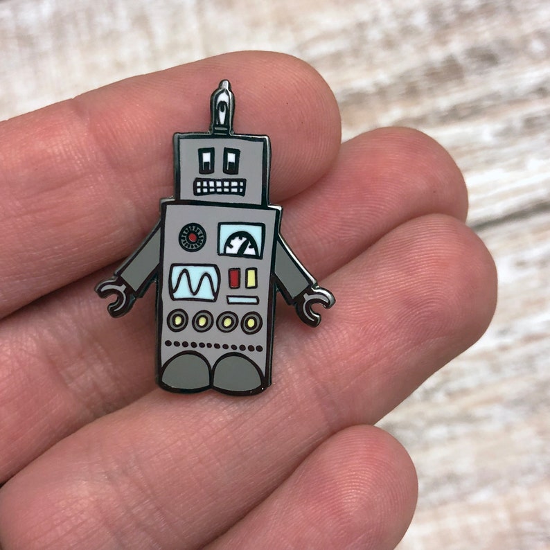 Cute Robot Enamel Pin | Geeky Tech Cartoon, Gray and Colorful - Etsy