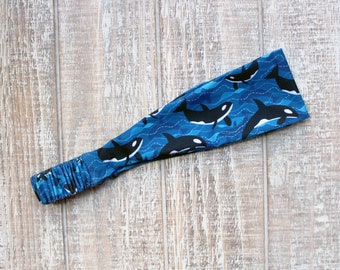 Blue Orca Whale Animal Ocean Aquatic Marine Animal Pacific Northwest Yoga Active Knit Fabric Headband for Women | Gifts Under 15 Dollars