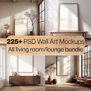 Pacote de Mockups de Arte de Parede, Mais de 225 Mockups de Molduras em PSD, Mockups de Interiores em Estilo Escandinavo, Boho, Japonês, Moderno, Neutro, Meados do Século e Rústico, Pacote Completo para Lojas