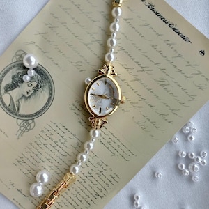 Vintage Pearl Bracelet Watch -  Elegant Gold-Tone Women&#39;s Jewelry