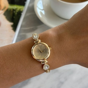 Vintage Style Gold Women’s Watch | Elegant Crystal Bracelet Watch | Dainty Analog Timepiece | Gift for Her - women watch