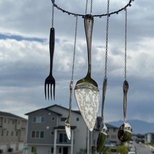 Handmade Silverware Wind Chime with Glass Beads - 24in