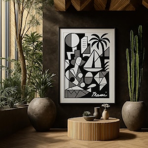 Modern Miami Wall Art | Black & White Geometric Minimalist Print | Abstract Coastal Decor | Cubist Female Sailboat Art | Digital Download