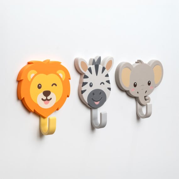 Self-Adhesive Wall Hooks for Kids: No-Drill Coat Hangers – Lion, Elephant, Zebra