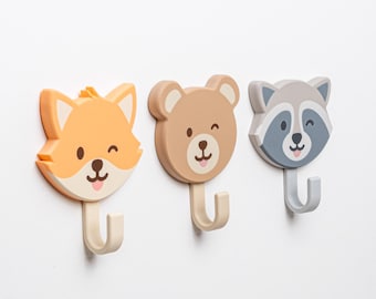 Tiergesicht Kinder Wandhaken: 3 Selbstklebende Handtuchhaken - Waschbär, Bär und Fuchs