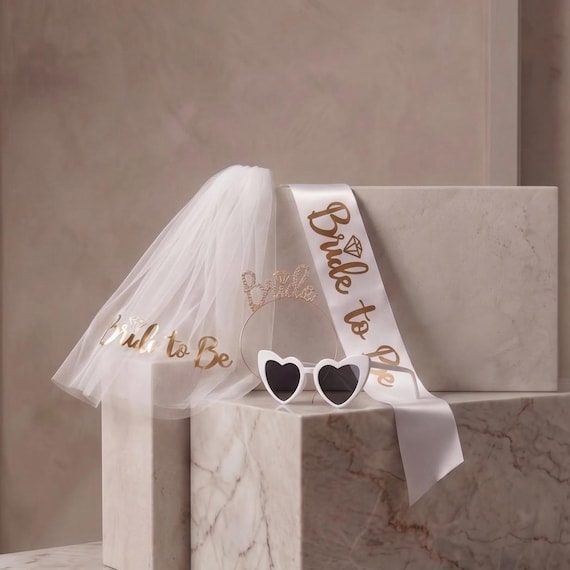 Bridal Shower Set: White Tulle Veil, Pearl Headband, Gold Sash, Heart Sunglasses & Cute Temporary Tattoos - Luxury Wedding EVJF Kit