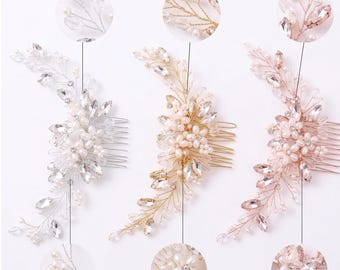 Peigne de mariée en perles et cristaux : bandeau de mariage floral pour mariées et demoiselles d'honneur - Bijoux de cheveux flexibles en argent, or ou or rose.