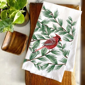 Winter Cardinal in Pine Tree Cotton Towel Bird Christmas Towel Kitchen Towel Cardinal Decor Bird Decor Pine Tree Holiday Gift