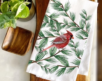 Winter Cardinal in Pine Tree Cotton Towel Bird Christmas Towel Kitchen Towel Cardinal Decor Bird Decor Pine Tree Holiday Gift