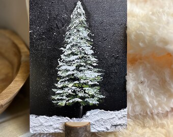 Snowy Winter Pine Tree Art Print with Wood Slice Holder