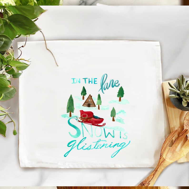 In the Lane Snow is Glistening Cotton Christmas Towel Holiday Sledding Aframe Cabin Winter Scene Holiday Cabin Kitchen Towel image 2