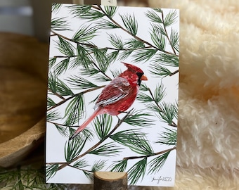 Cardinal in the Pine Tree 5 x 7 Art Print with Stump Holder