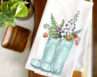 Spring Rain Boots with Flowers Kitchen Tea Towel Boots Flowers Spring Floral Bouquet Spring Kitchen Decor