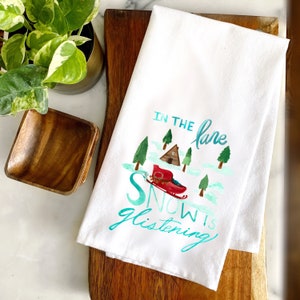 In the Lane Snow is Glistening Cotton Christmas Towel Holiday Sledding Aframe Cabin Winter Scene Holiday Cabin Kitchen Towel image 1