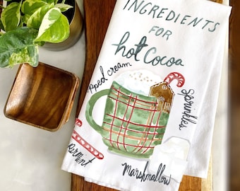 Ingredients for Hot Cocoa Cotton Tea Towel Kitchen Towel Christmas Holiday Recipe Hostess Gift