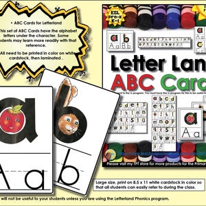 Może przedstawiać: Edukacyjne karty ABC dla Letterland, przedstawiające litery alfabetu z powiązanymi postaciami. Karty są drukowane w kolorze na białym kartonie i laminowane. Obraz zawiera tekst "Letter Land ABC Cards".