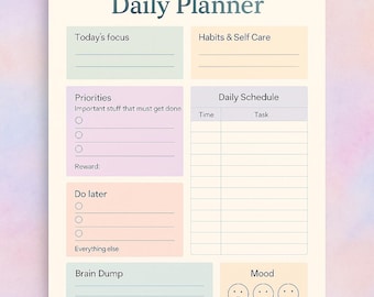 ADHD Daily Planner Printable | Neurodivergent Focus Organizer | Time Blocking, Priorities & Brain Dump | Instant Digital Download