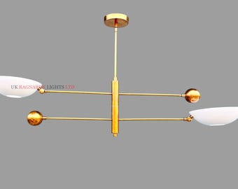 2 White Sputnik Light | Mid Century Antique Brass Flush Mount Light - Sputnik Chandelier Ceiling Light | Modern Sputnik Chandelier light
