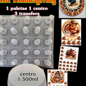 May include: Thanksgiving kit with a clear plastic mold, a round container, and several decorative turkey-themed transfers. The kit includes a mold for making treats, a container with a 1.500ml capacity, and various turkey designs.