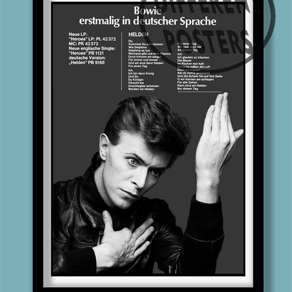 David Bowie Poster. HEROES German promo poster. A2 size. Bowie wall art . Rock promo. Album promo. Song lyric poster. Vintage Bowie poster