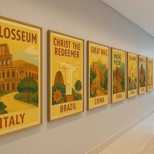 Vintage World Wonders Wall Art Set – 7 Iconic Travel Posters | Mid-Century Style Home Decor, UNESCO Travel Gift
