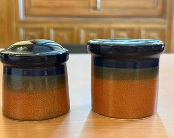 Vintage Mikasa Salt + Pepper Shakers – Made in Japan – Mid-Century Modern MCM Stoneware – Tricolor Rust, Brown, Navy – Japanese Vibes