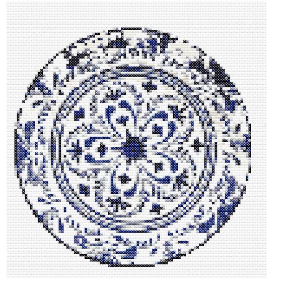 Patrón Punto de Cruz "Rosetón de Porcelana Azul" - Diseño Circular - PDF Descarga Inmediata
