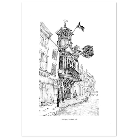 Lámina Guildford Guildhall UK - Ilustración a Tinta de High Street - Print de Arquitectura Inglesa