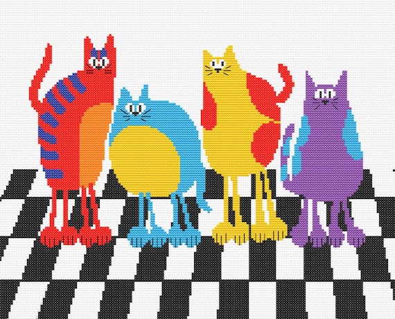 Patrón Punto de Cruz Gatos Pop Art - Diseño Moderno "Gatos en Suelo de Cuadros" - PDF Descarga Inmediata