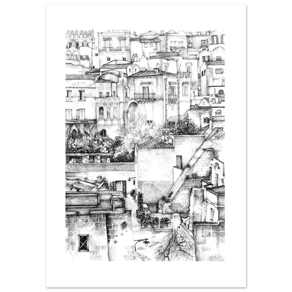 Lámina Artística de MATERA 1 - Dibujo a Tinta de los "Sassi" de Italia - Arte de Viajes Minimalista