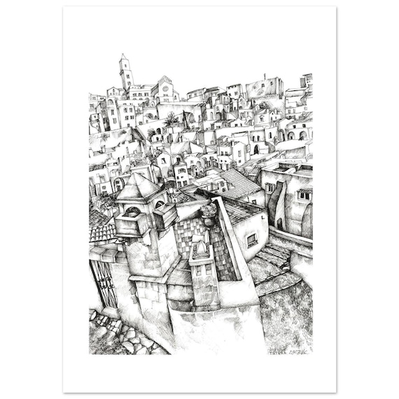 Lámina Artística de MATERA5 - Dibujo a Tinta de los "Sassi" de Italia - Arte de Viajes Minimalista