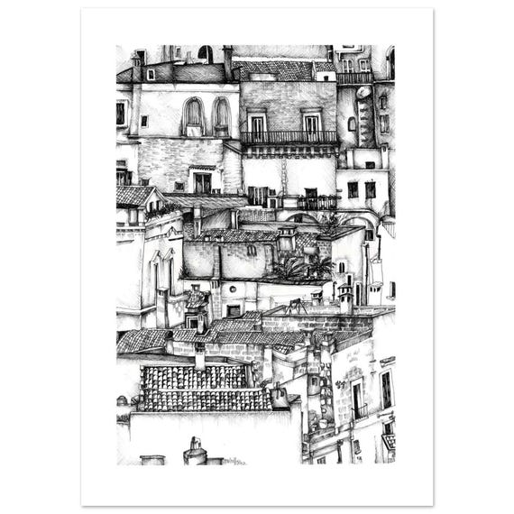 Lámina Artística de MATERA 2  - Dibujo a Tinta de los "Sassi" de Italia - Arte de Viajes Minimalista