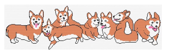 Patrón Punto de Cruz Corgis Divertidos - Diseño Alargado "Corgi Party" - PDF Descarga Inmediata