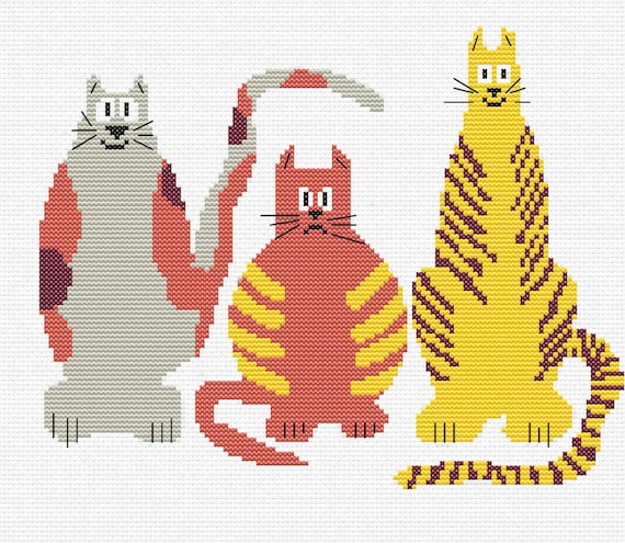 Patrón Punto de Cruz Tres Gatos Modernos - Diseño "Colorful Cats" - PDF Descarga Inmediata