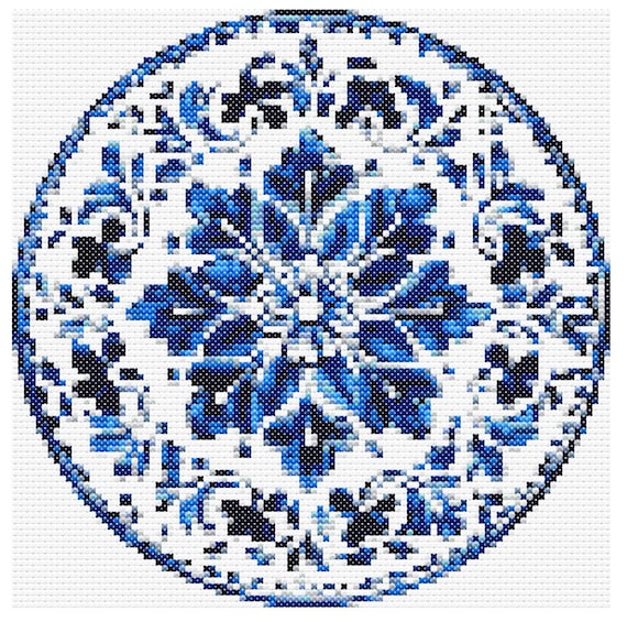Patrón Punto de Cruz "Plato de Porcelana Azul" - Diseño Circular Moderno - PDF Descarga Inmediata