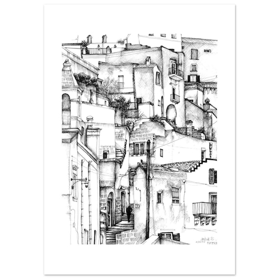 Lámina Artística de MATERA 4 - Dibujo a Tinta de los "Sassi" de Italia - Arte de Viajes Minimalista