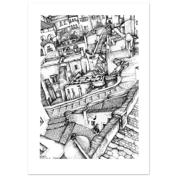Lámina Artística de MATERA 6 - Dibujo a Tinta de los "Sassi" de Italia - Arte de Viajes Minimalista